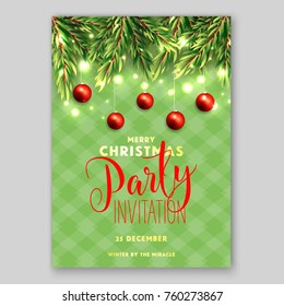 Christmas Party Invitation template with wreath of fir tree branches red  balls
