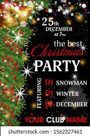 Christmas party invitation template. Xmas and New Year black background decorated Christmas tree branches, golden bells and holly berries. Vector illustration.