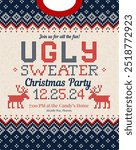 Christmas party invitation ugly sweater design, festive red, blue, white knitted patterns. Reindeer motifs, playful typography, fun cozy holiday atmosphere, touch of nostalgia. Ugly Sweater Party.