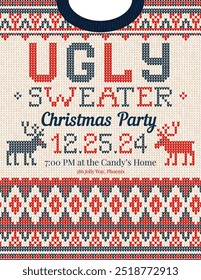 Christmas party invitation ugly sweater design, festive red, blue, white knitted patterns. Reindeer motifs, playful typography, fun cozy holiday atmosphere, touch of nostalgia. Ugly Sweater Party.