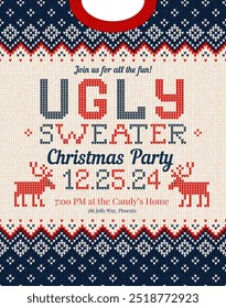 Christmas party invitation ugly sweater design, festive red, blue, white knitted patterns. Reindeer motifs, playful typography, fun cozy holiday atmosphere, touch of nostalgia. Ugly Sweater Party.