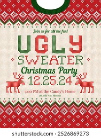 Christmas party invitation ugly sweater design, festive red, green, white knitted patterns. Reindeer motifs, playful typography, fun cozy holiday atmosphere, touch of nostalgia. Ugly Sweater Party.