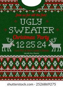 Christmas party invitation ugly sweater design, festive red, green, white knitted patterns. Reindeer motifs, playful typography, fun cozy holiday atmosphere, touch of nostalgia. Ugly Sweater Party.