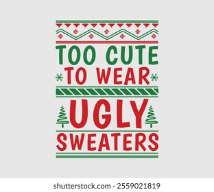 Christmas party invitation ugly sweater design, festive red, green, knitted patterns. Reindeer motifs, playful typography, fun cozy holiday atmosphere, touch of nostalgia. Ugly Sweater Par