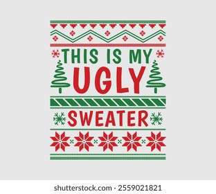 Christmas party invitation ugly sweater design, festive red, green, knitted patterns. Reindeer motifs, playful typography, fun cozy holiday atmosphere, touch of nostalgia. Ugly Sweater Par