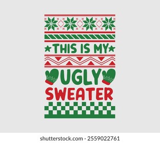 Christmas party invitation ugly sweater design, festive red, green, knitted patterns. Reindeer motifs, playful typography, fun cozy holiday atmosphere, touch of nostalgia. Ugly Sweater Par