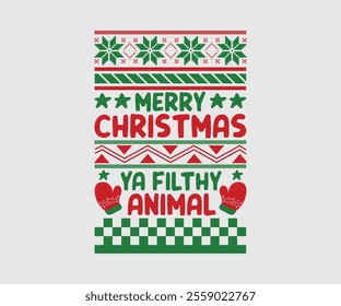 Christmas party invitation ugly sweater design, festive red, green, knitted patterns. Reindeer motifs, playful typography, fun cozy holiday atmosphere, touch of nostalgia. Ugly Sweater Par