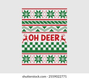 Christmas party invitation ugly sweater design, festive red, green, knitted patterns. Reindeer motifs, playful typography, fun cozy holiday atmosphere, touch of nostalgia. Ugly Sweater Par