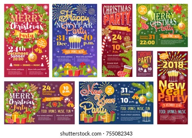 Christmas party invitation vector card background design template for noel Xmas holiday celebration clipart New Year colors printable poster. Christmas party card with Bow, firework, light