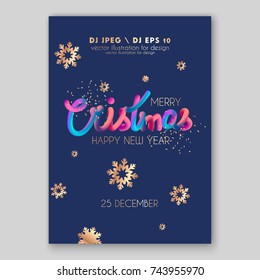 Christmas party invitation vector lettering bright sparkles, confetti and bokeh snowflake