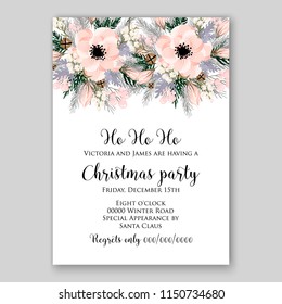 Christmas Party invitation vector template floral poster pink Anemone poinsettia fir winter holiday wreath illustration