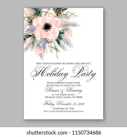 Christmas Party invitation vector template floral poster pink Anemone poinsettia fir winter holiday wreath illustration