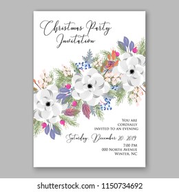 Christmas Party invitation vector template floral poster white Anemone poinsettia fir winter holiday wreath illustration