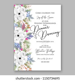 Christmas Party invitation vector template floral poster white Anemone poinsettia fir winter holiday wreath illustration