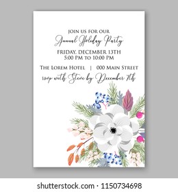 Christmas Party invitation vector template floral poster white Anemone poinsettia fir winter holiday wreath illustration