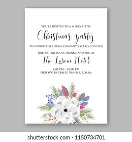 Christmas Party invitation vector template floral poster white Anemone poinsettia fir winter holiday wreath illustration