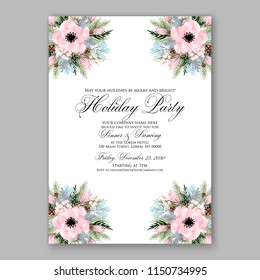 Christmas Party invitation vector template floral poster Anemone pink poinsettia fir winter holiday wreath illustration wording text