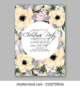 Christmas Party invitation vector template floral poster yellow Anemone poinsettia fir winter holiday wreath illustration wording text