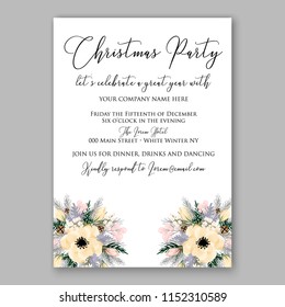 Christmas Party invitation vector template floral poster Anemone white lemon peony poinsettia fir winter holiday wreath illustration wording text