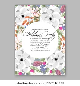 Christmas Party invitation vector template floral poster Anemone white poinsettia fir winter holiday wreath illustration wording text