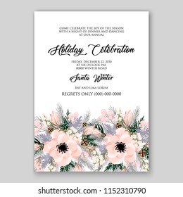 Christmas Party invitation vector template floral poster Anemone pink poinsettia fir winter holiday wreath illustration wording text