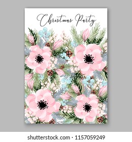 Christmas Party invitation vector template floral poster Anemone pink poinsettia fir winter holiday wreath illustration wording text