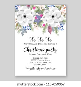 Christmas Party invitation vector template floral poster Anemone pink poinsettia fir winter holiday wreath illustration wording text