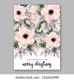 Christmas Party invitation vector template floral poster Anemone pink poinsettia fir winter holiday wreath illustration wording text