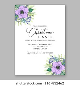 Christmas party invitation vector template with winter floral wreath of fir anemone peony needle pine branch