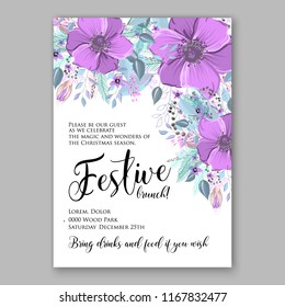 Christmas party invitation vector template with winter floral wreath of fir anemone peony needle pine branch