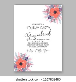 Christmas party invitation vector template with winter floral wreath of fir anemone peony needle pine branch