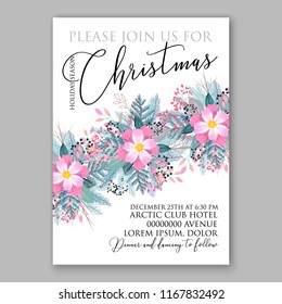 Christmas party invitation vector template with winter floral wreath of fir anemone peony needle pine branch