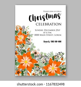 Christmas party invitation vector template with winter floral wreath of fir anemone peony needle pine branch