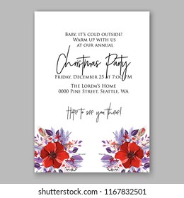 Christmas party invitation vector template with winter floral wreath of fir anemone peony needle pine branch red poppy