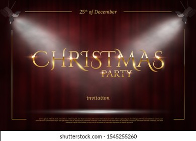 Christmas party invitation vector template. Winter holiday celebration event invite card elegant design. Xmas banner layout. Golden frame with spot lights on red curtain background illustration