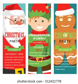 Christmas party invitation  vertical banners set with Santa Claus, elf, cookie man, vector Background template. Can be use for business shopping card, customer sale and promotion, layout, web design