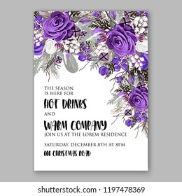 Christmas party invitation Violet flower wedding fir wreath white rose peony vector floral card template 