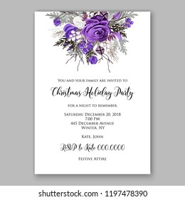 Christmas party invitation Violet flower wedding fir wreath white rose peony vector floral card template 