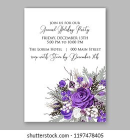 Christmas party invitation Violet flower wedding fir wreath white rose peony vector floral card template 