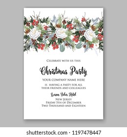 Christmas Party Invitation white rose peony fir red berry winter holiday wreath vector