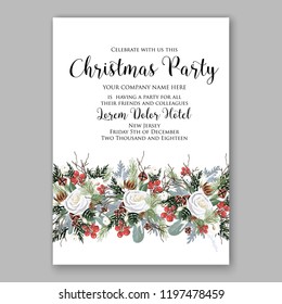 Christmas Party Invitation white rose peony fir red berry winter holiday wreath vector