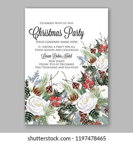 Christmas Party Invitation white rose peony fir red berry winter holiday wreath vector