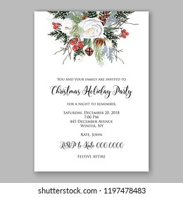 Christmas Party Invitation white rose peony fir red berry winter holiday wreath vector