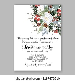 Christmas Party Invitation white rose peony fir red berry winter holiday wreath vector