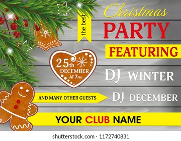 Christmas party invitation to wooden background with Gingerbread cookies, Christmas tree branches and Holly berries for Xmas and New Year design. Vector illustration.