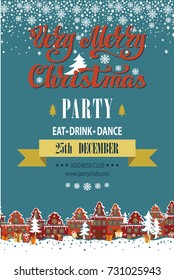 Christmas party invitationcard.New year template.Winter city landscape. Holiday background. Flat cartoon Vector illustration.Lettering,retro,vintage illustration