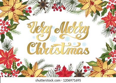 Christmas party invitation,design template,flyer,ticket .Vector. Merry Christmas handwriting lettering. Vintage background,flowers, fur tree, plant decor. llustartion