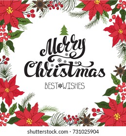 Christmas party invitation,design template,flyer,ticket .Vector. Merry Christmas handwriting lettering. Vintage background,flowers, fur tree, plant decor. llustartion