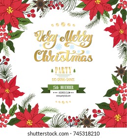 Christmas party invitation,design template,flyer,ticket .Vector. Merry Christmas handwriting lettering. Vintage background,flowers, fur tree, plant decor. llustartion