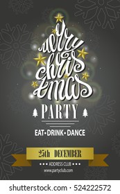 Christmas party invitation,design template.Vector. Merry Christmas handwriting lettering. Vintage Grey background,bokhe lighting. Calligraphy design.Illustration